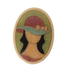 Vintage Resin Brooch Pin Portrait Lady Hat Gold Wire Rim Art Deco Art Nouveau